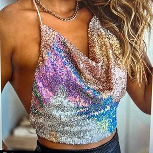 Multi color sequin cowl neck crop top